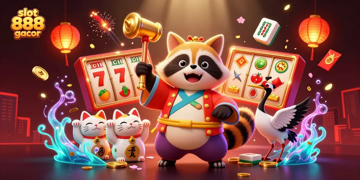 Engage in thrilling gameplay at slot 888 gacor with 3D cartoon raccoon and symbols!