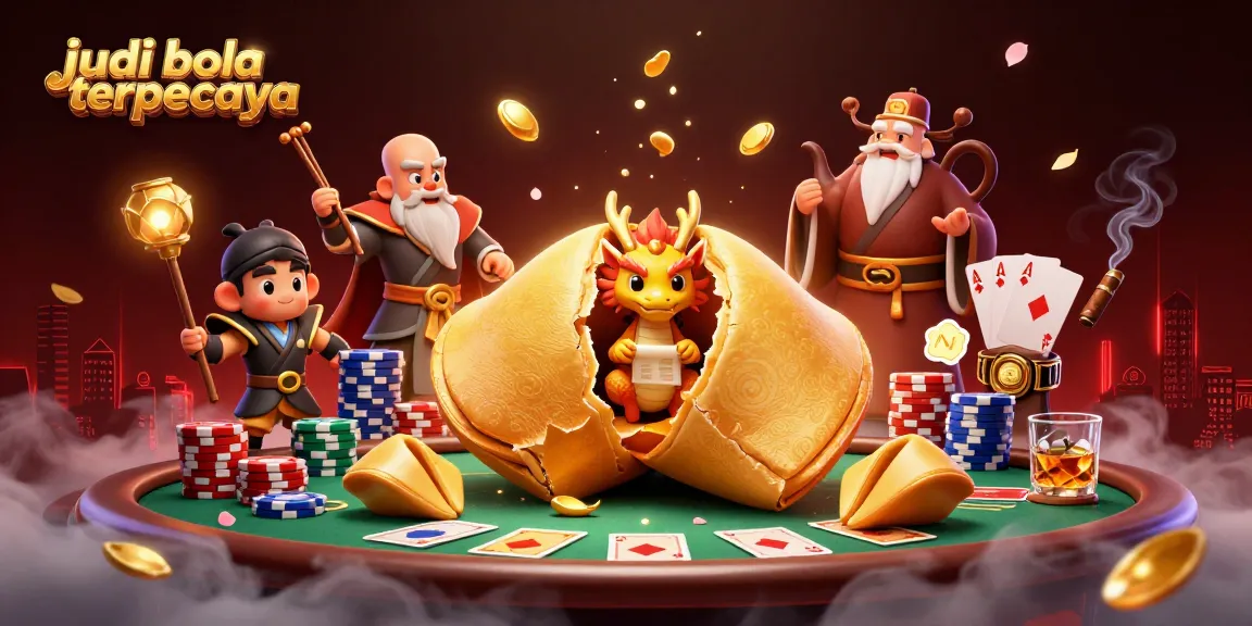 Engage with judi bola terpercaya illustrated through a dynamic scene of whimsical characters and poker elements.
