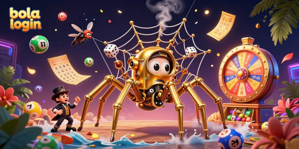 Experience thrilling action in online betting with bola login, featuring a steampunk spider and colorful game elements.