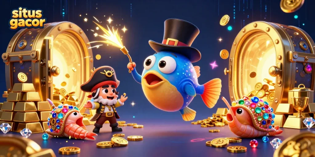 Capture the winning moments at situs gacor with floating coins and treasure-filled sea life.