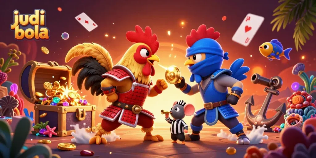 Engage in judi bola excitement with vibrant cartoon roosters battling in a dynamic casino scene.