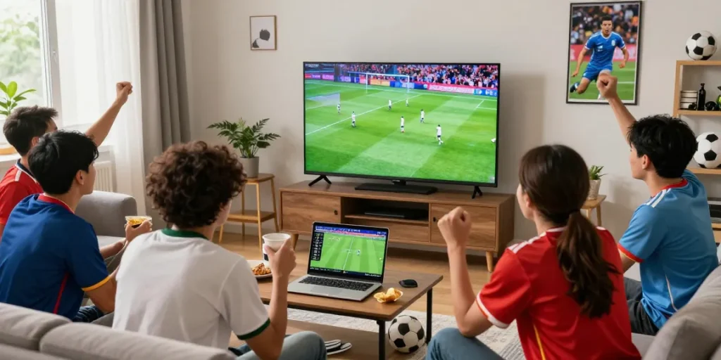 Nonton bola di ruang tamu yang nyaman bersama teman, layar TV menampilkan laga seru dengan suasana penuh semangat.