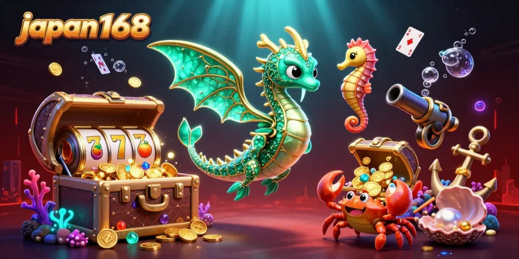 Experience the vibrant action at japan168 with colorful slot reels, gold coins, and a dynamic sea dragon scene.