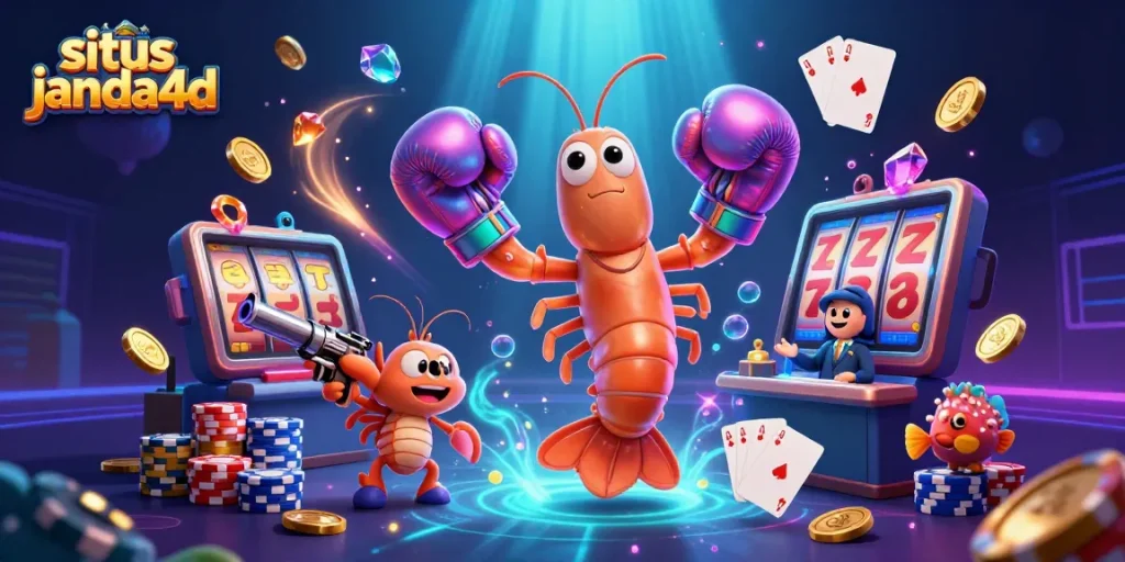 Slot game yang menarik di situs janda4d dengan karakter udang mantis dan koin emas.
